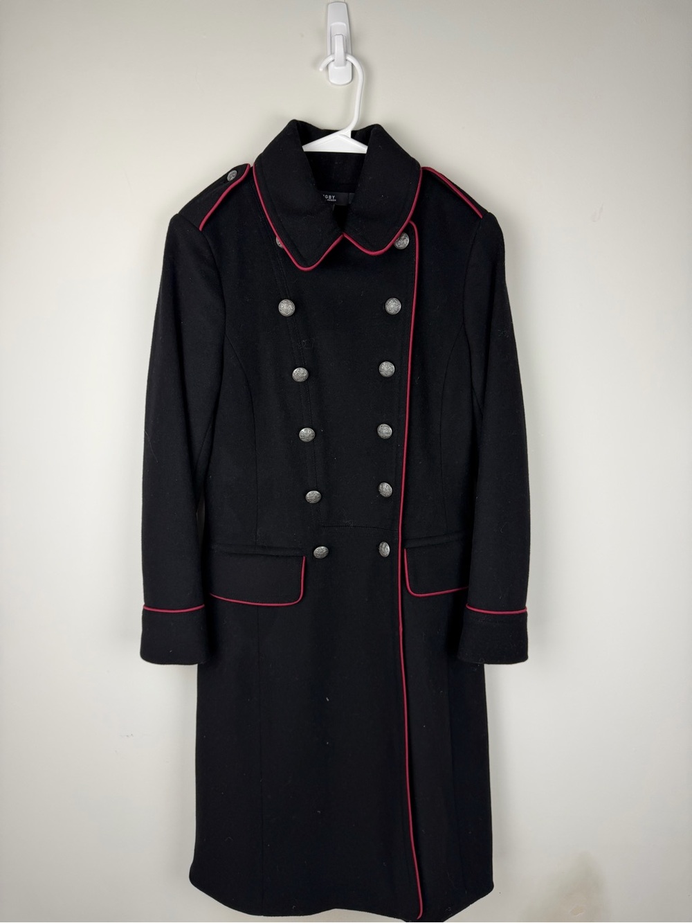 Vintage Rugby Ralph Lauren Black Wool Coat with Red Trim